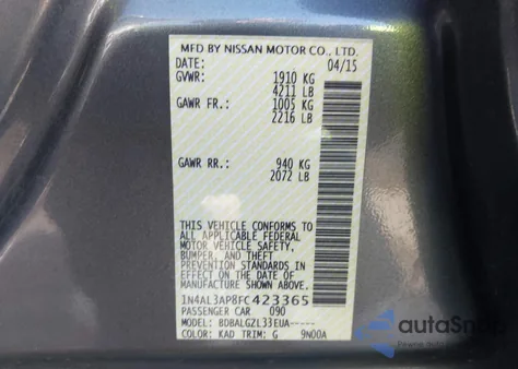 2015 Nissan Altima 2.5/2.5 S/2.5 Sl/2.5 Sv from USA, damaged, VIN 1N4AL3AP8FC423365